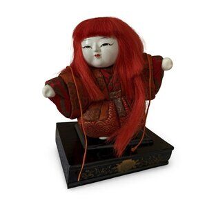 Vintage Japanese Kimekomi Red Hair Lion Dancer Kabuki Doll Wood Stand Japan 7 in